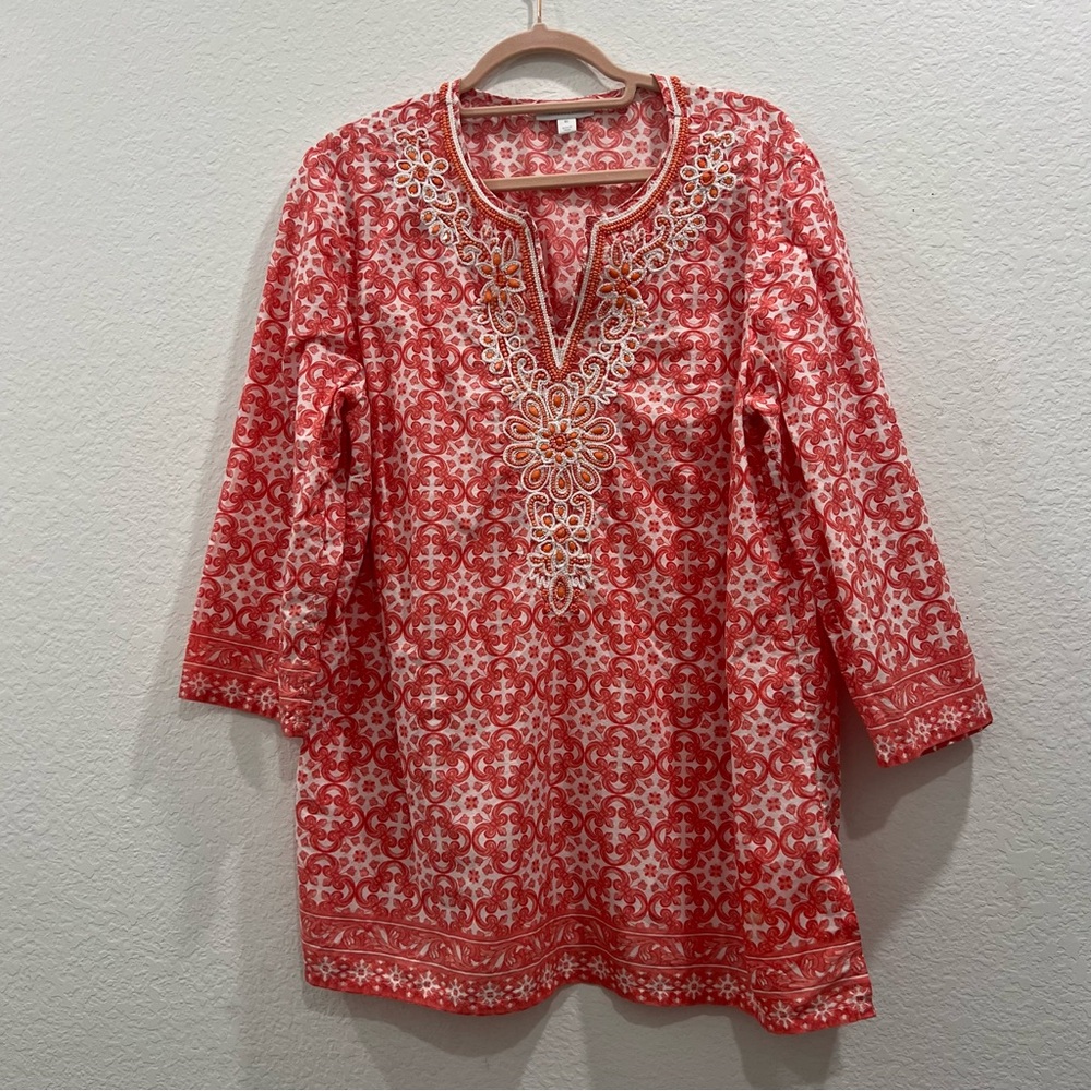 Charter Club Coral and White Embroidered and Beaded Tunic Blouse 3/4 sleeve‎ XL